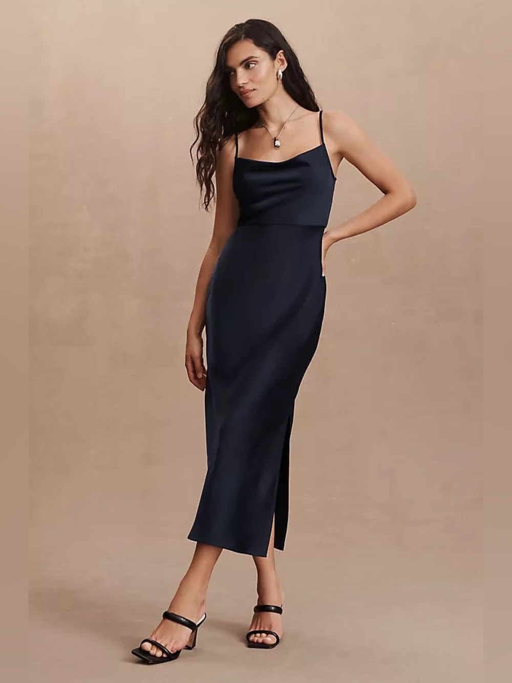 BHLDN Cali Satin Cowl-Neck Midi Slip Dress Dark Navy Blue Like New